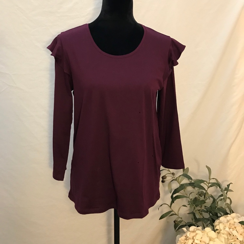 Lands' End Women's Long Sleeve Ruffle Shoulder Top in Plum